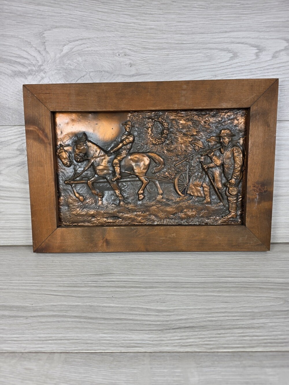 Vtg Repousse Copper Wall Plaque Horse Cart Farm Scene Framed Rustic 14x10 SU4